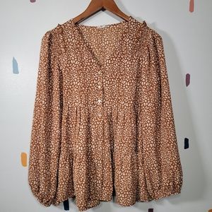 Jodifl Terra Cotta And Cream Animal Print Tiered Long Sleeve Top